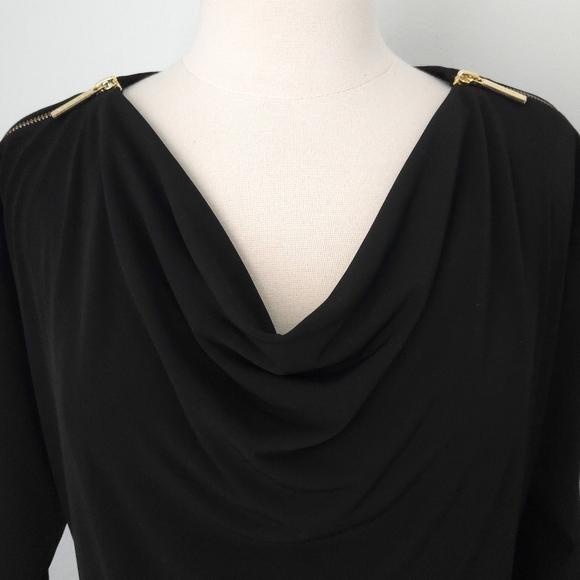 NWT Michael Kors Black & Gold Zipper Shoulder Cowl Neck 3/4-Sleeve Mini Dress - Picture 3 of 6